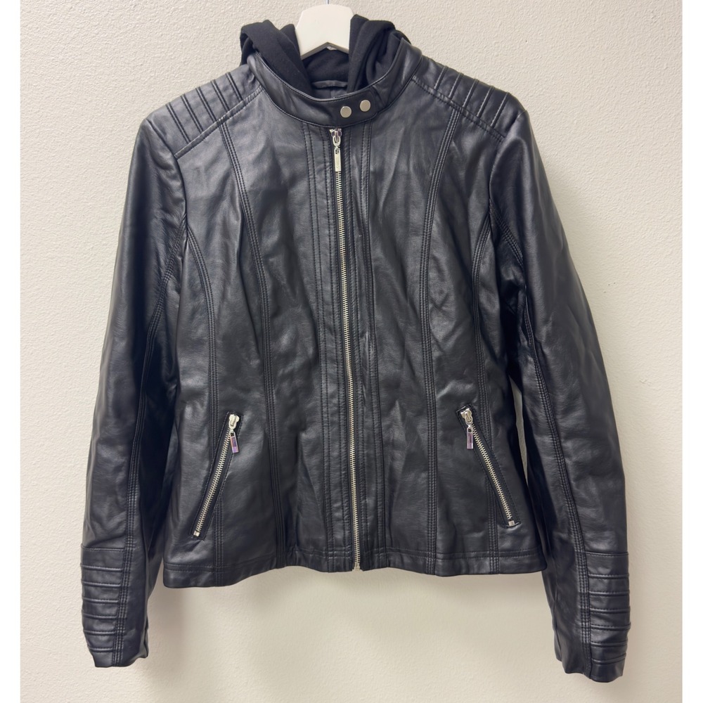 Guess Faux Leather Moto Jacket Womens L Black Layered Hooded Grunge Goth Biker